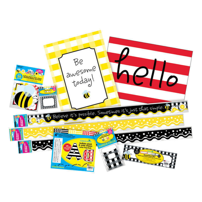 Barker Creek Classroom Decor Set, Be Awesome Buffalo Plaid And Wide Stripes, Pre-K To College MPN:BC3725