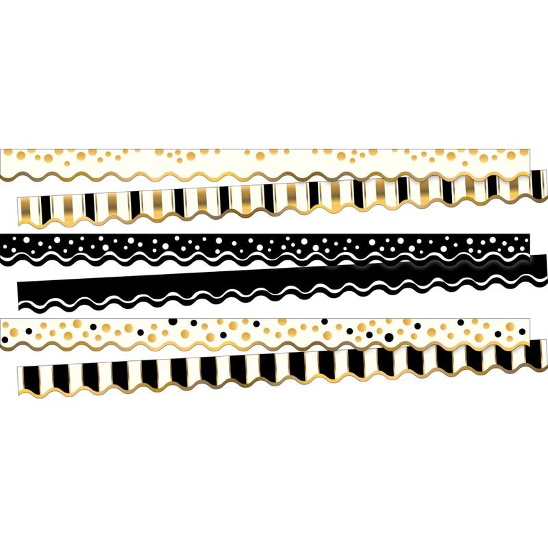 Barker Creek Double-Sided Scalloped Borders, 2-1/4in x 36in, Black & Gold, 13 Strips Per Pack, Set Of 3 Packs MPN:4047