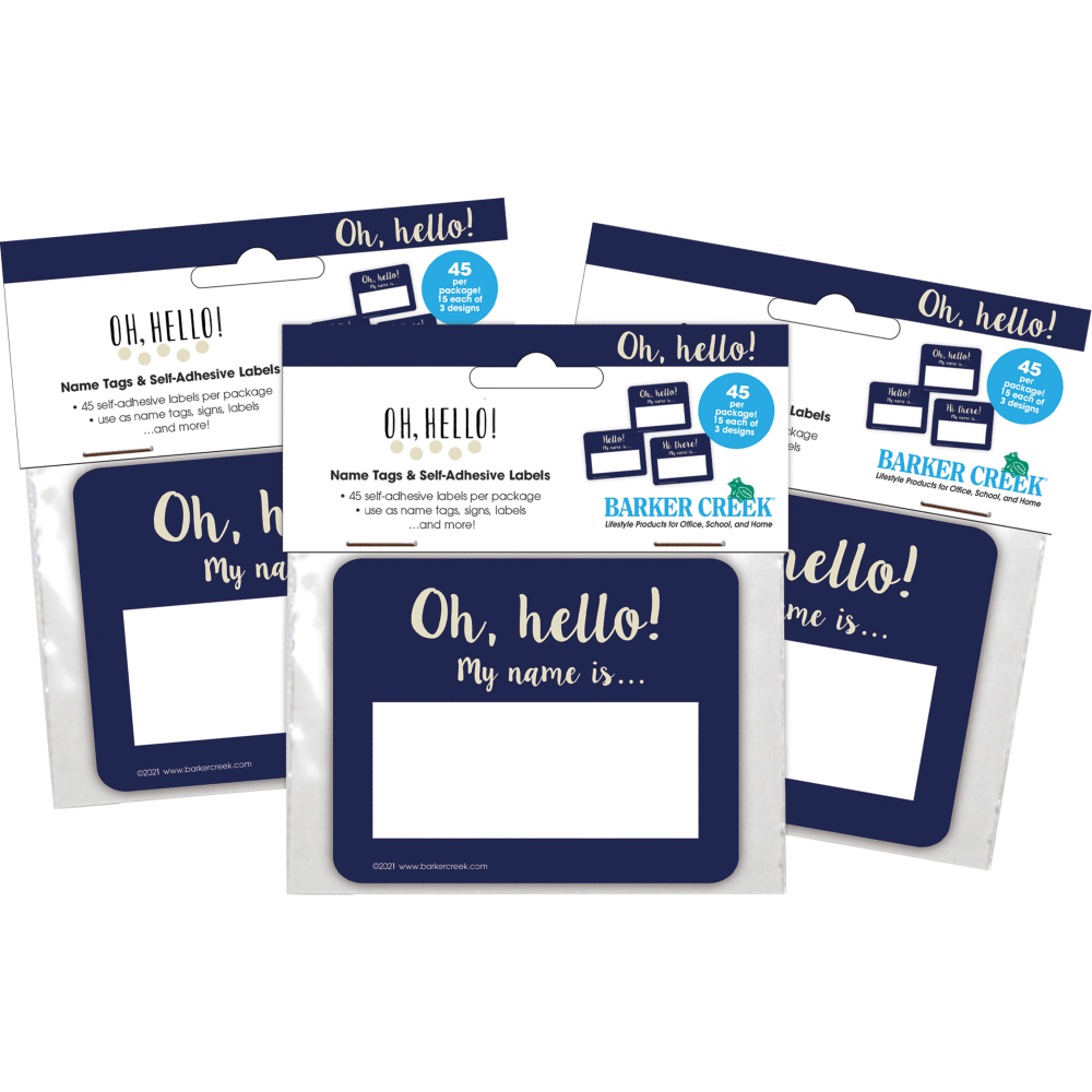 Barker Creek Name Tags, 2-3/4in x 3-1/2in, Oh Hello!, 45 Name Tags Per Pack, Case Of 3 Packs MPN:4324