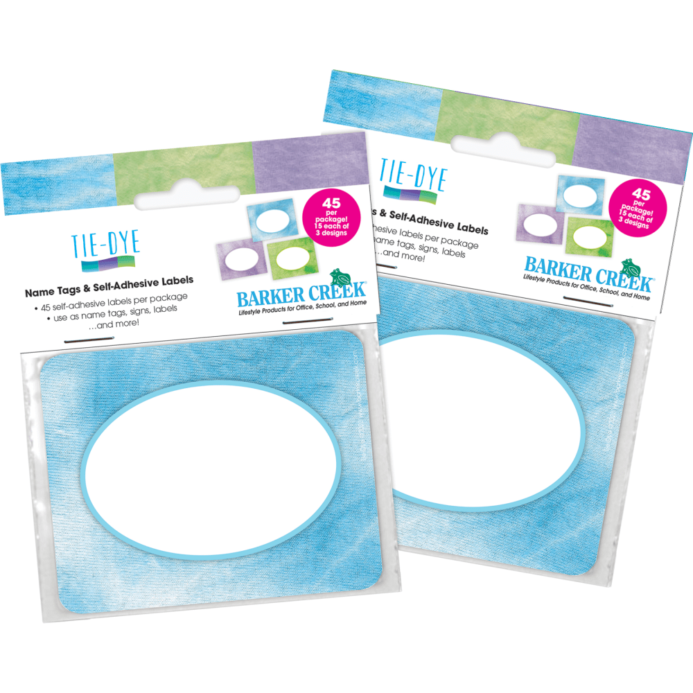 Barker Creek Self-Adhesive Name Tags, 2-3/4in x 3-1/2in, Tie-Dye, 45 Name Tags Per Pack, Case Of 2 Packs MPN:4366