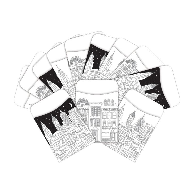 Barker Creek Peel & Stick Library Pockets, 3in x 5in, Color Me Cityscape, Pack Of 60 Pockets MPN:BC3847