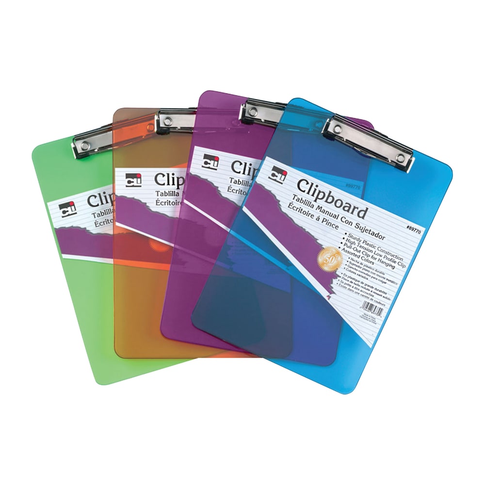 Charles Leonard Transparent Plastic Clipboards, 9in x 12 1/2in, Assorted Colors, Pack Of 6 MPN:CHL89770BN