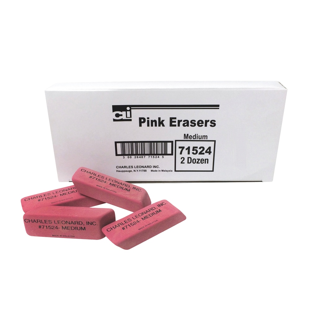 Charles Leonard Natural Rubber Wedge Erasers, Medium, Pink, 12 Erasers Per Box, Pack Of 3 Boxes MPN:CHL71524BN