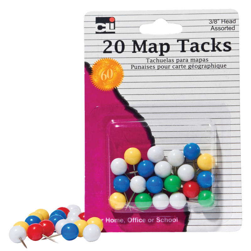 Charles Leonard Map Tacks, 1/4in x 3/8in, Assorted Colors, 20 Tacks Per Box, Pack of 12 Boxes MPN:CHL21238BN