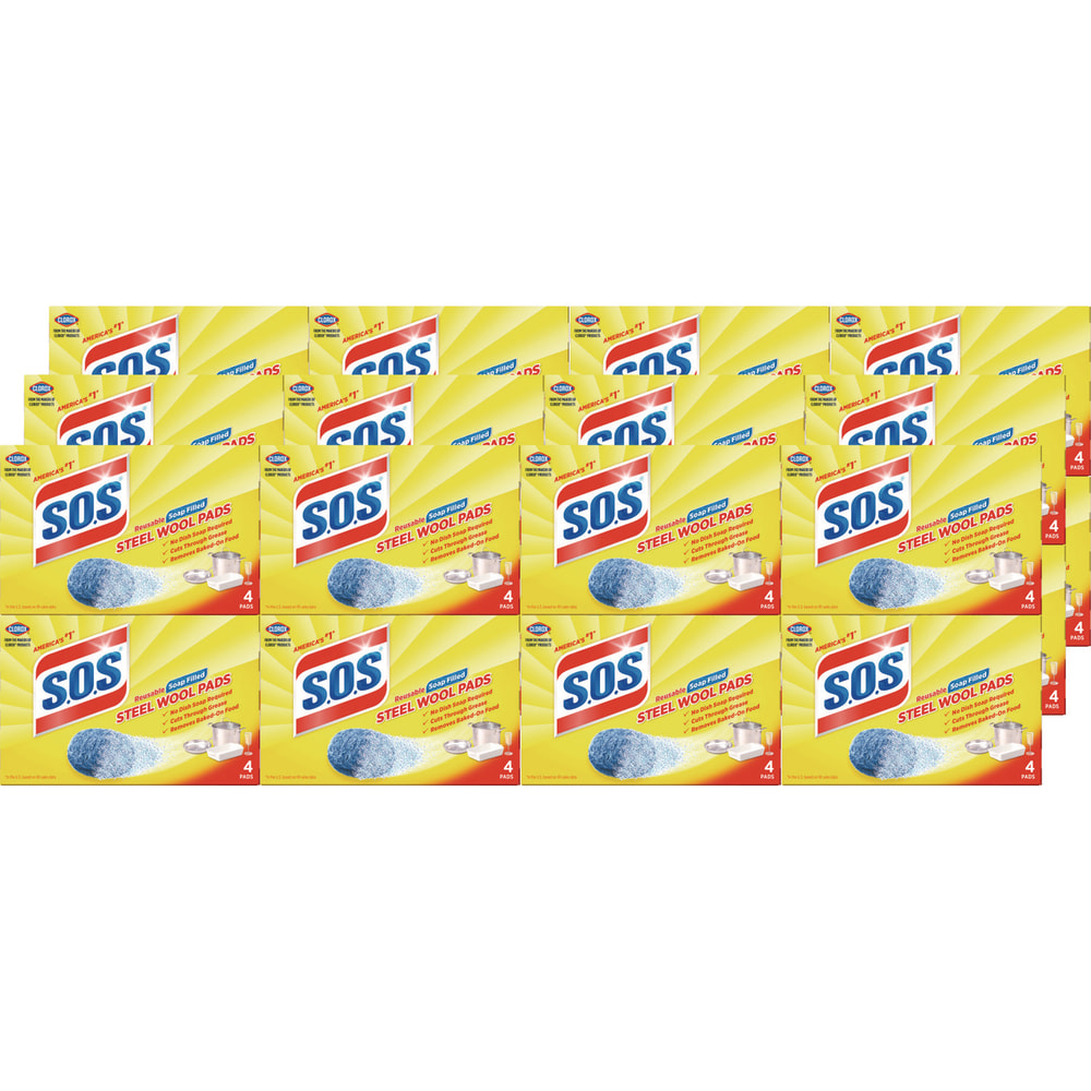 S.O.S. Steel Wool Soap Pad, Steel, 4/Box, 24 Boxes/Carton MPN:98041