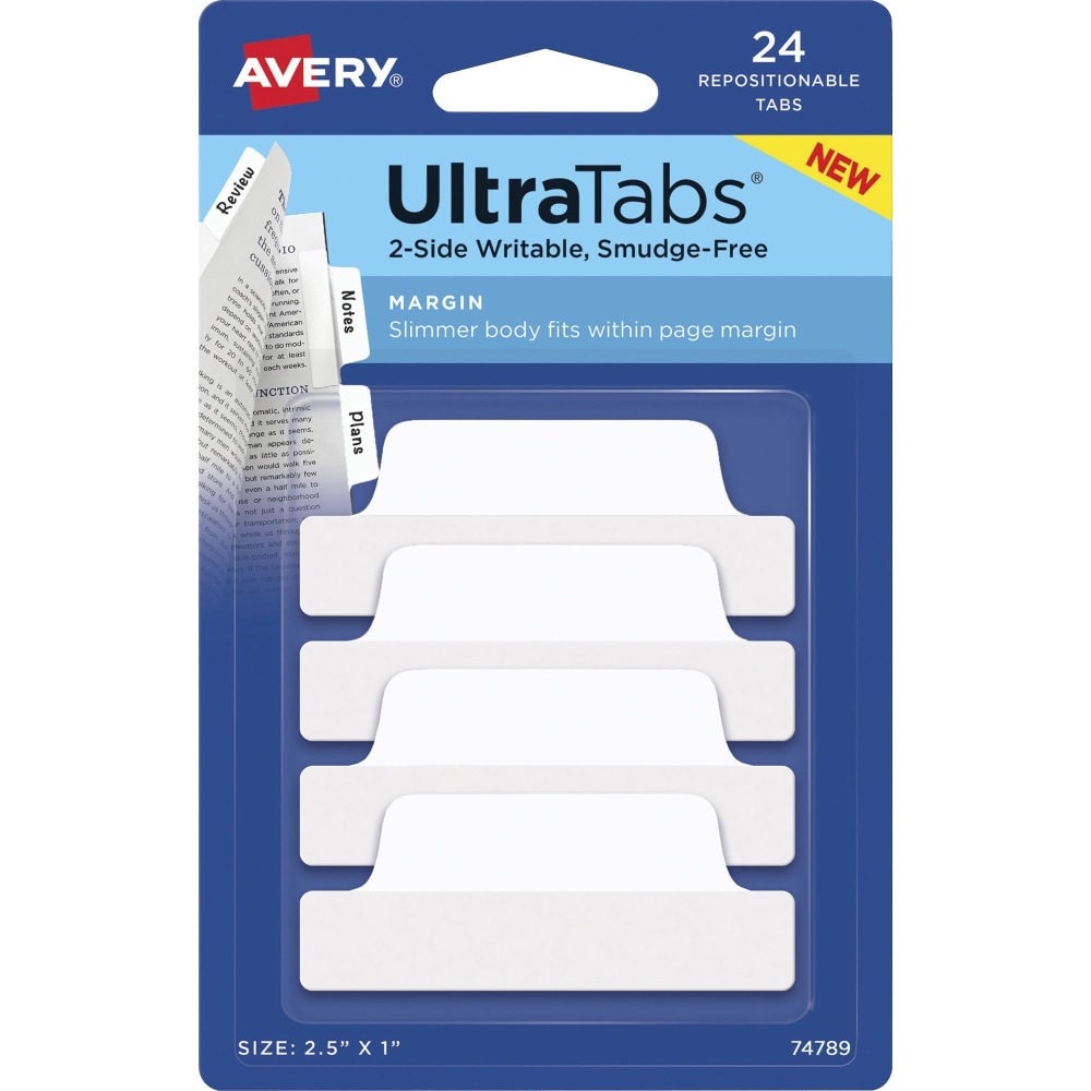 Avery Ultra Tabs Repositionable Margin Tabs - 24 Tab(s) - 6 Tab(s)/Set - Clear Film, White Paper Tab(s) - 4 (Min Order Qty 15) MPN:74789