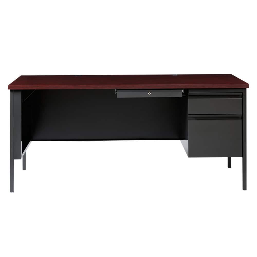 Steel Base Right Pedestal Desk: Woodgrain Laminate Top, Mahogany & Charcoal MPN:20096