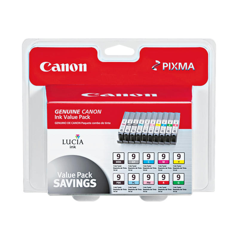 Canon PGI-9 Black Matte/Cyan/Green/Magenta/Photo Black/Photo Cyan/Photo Magenta/Photo Yellow/Red/Yellow Ink Cartridges, Pack Of 10 MPN:1033B005