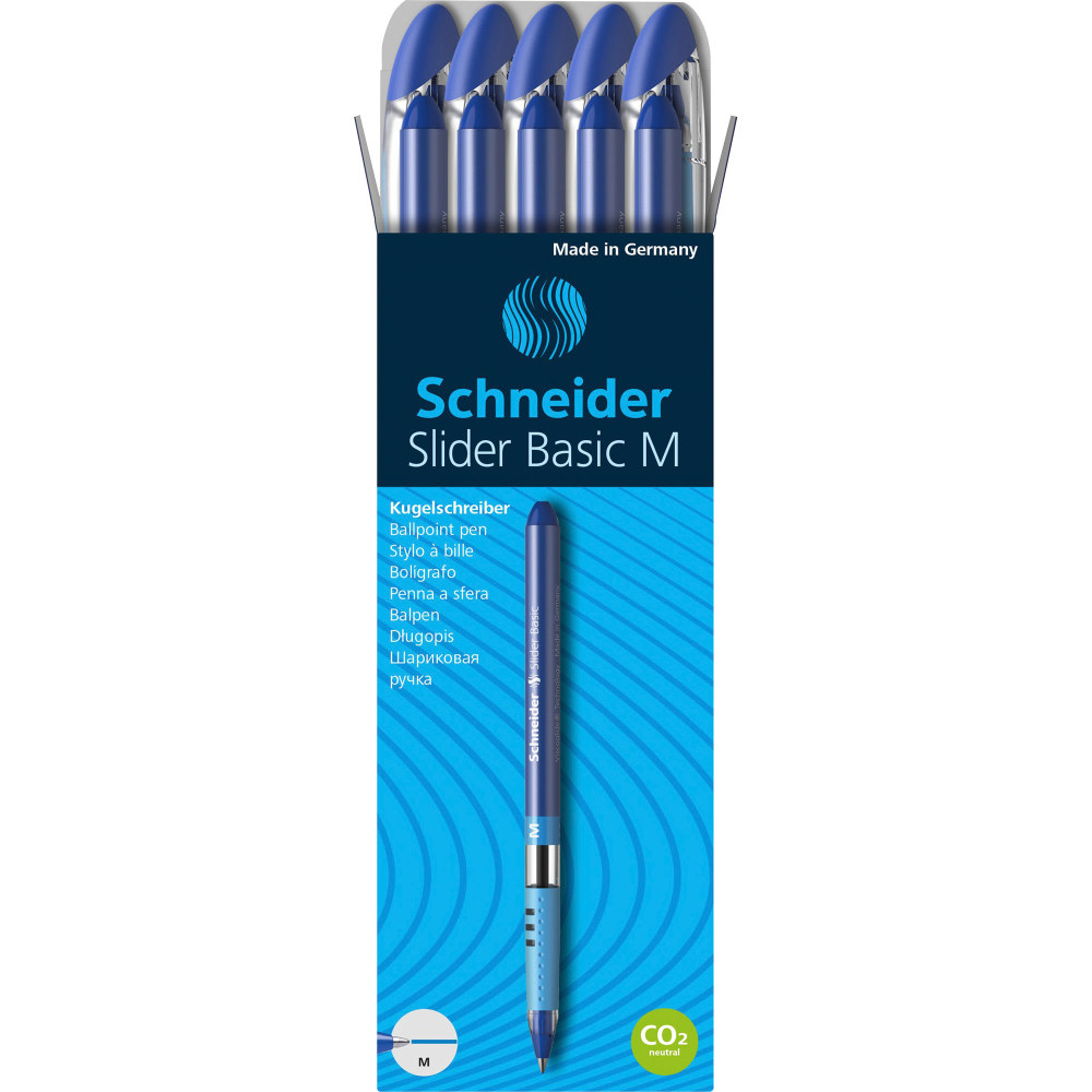 Rediform Schneider Slider Basic M Ballpoint Pens, Medium Point, 1.0 mm, Blue/Silver Barrels, Blue Ink, Pack Of 10 Pens MPN:RED151103