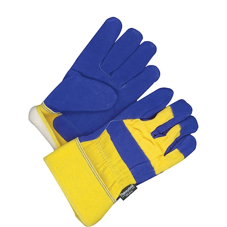Leather Gloves, Cowhide, Safety Cuff, Wing Thumb, Full Finger, Blue / Yellow, L, 1 PR MPN:30-9-473TFL