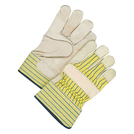 Leather Gloves, Cowhide, Safety Cuff, Wing Thumb, Full Finger, Blue/Tan/Yellow, L, 1 PR MPN:40-1-1511E