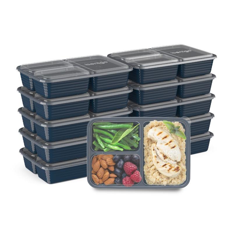 Bentgo Prep 3-Compartment Containers, 6-1/2inH x 6-3/4inW x 9-1/2inD, Navy, Pack Of 10 Containers MPN:BGPRP3-NB
