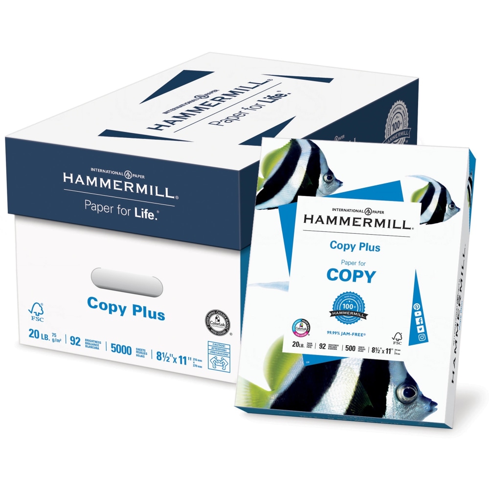 Hammermill Copy Plus Multi-Use Printer & Copy Paper, White, Letter (8.5in x 11in), 5000 Sheets Per Case, 20 Lb, 92 Brightness, Case Of 10 Reams MPN:HAM105007CT