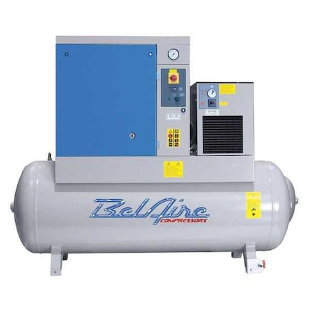 15 HP 132 Gallon 125 PSI Screw Compressor w/Dryer, 52 CFM at MAX/125 PSI, 208-230/460V 3Ph, 68 dBA MPN:BR15 TMD-3
