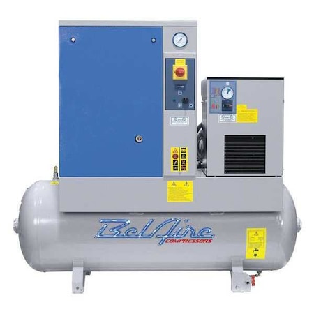 5 HP 60 Gallon 150 PSI Screw Compressor w/Dryer, 16.6 CFM at MAX/150 PSI, 230v/1ph, 62 dBA MPN:BR5 TMD-1