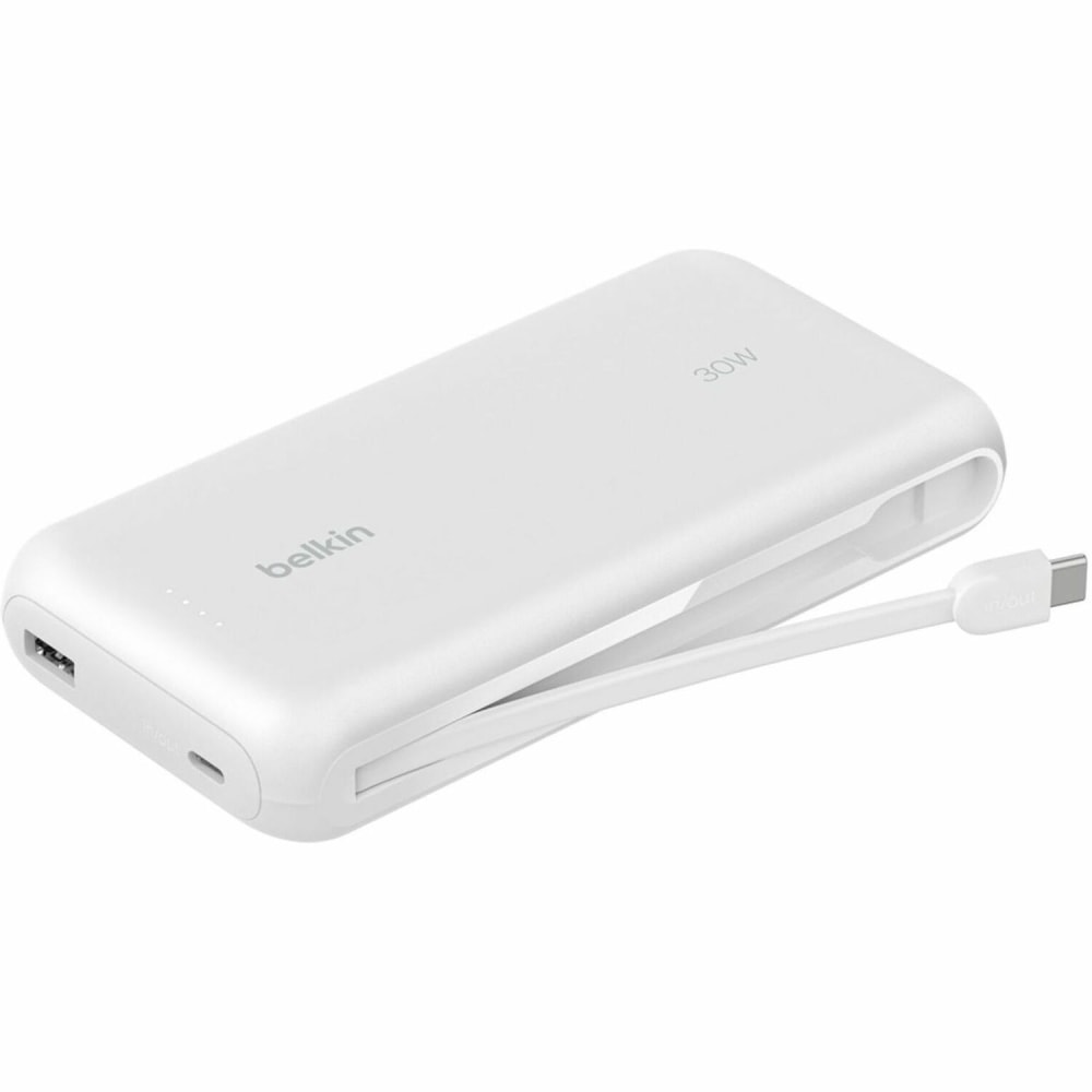 Belkin 30W 2-port Power Bank w/ Integrated USB-C Cable, 20K mAh, 1xUSB-A, 1xUSB-C, Portable Charger, White, BPB024FQWH MPN:BPB024FQWH