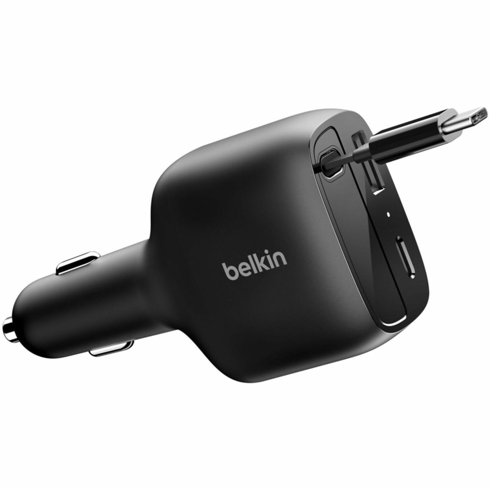 Belkin 75W Dual Port USB Car Charger - 1xUSB-A, 1xUSB-C w/ Retractable USB-C Cable - Black - 2.46 ft Cable MPN:CCC001FQBK