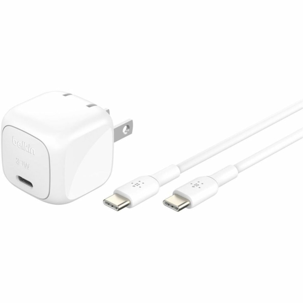 Belkin 30W Portable USB-C Wall Charger - 1xUSB-C (30W) - Fast Charge - Power Adapter w/ USB-C to USB-C Cable - White - 30 W - 3.30 ft Cable MPN:WCA008DQ1MWH-B6