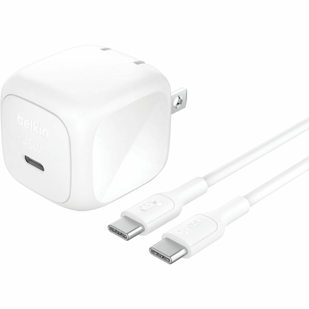Belkin 45W Portable Cubic USB-C Wall Charger w/ USB-C Cable - 1xUSB-C - Foldable Prongs - Fast Charge - Power Adapter - White - 45 W - 3.30 ft Cable MPN:WCA013DQ1MWH-B6