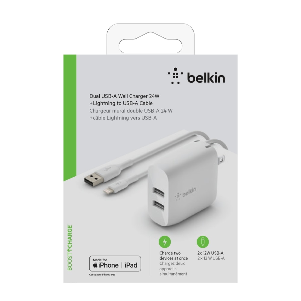 Belkin 24-Watt Dual Port USB-A Wall Charger With USB-A Lightning Cable, 1M/ 3.3 Ft, White MPN:WCD001DQ1MWH