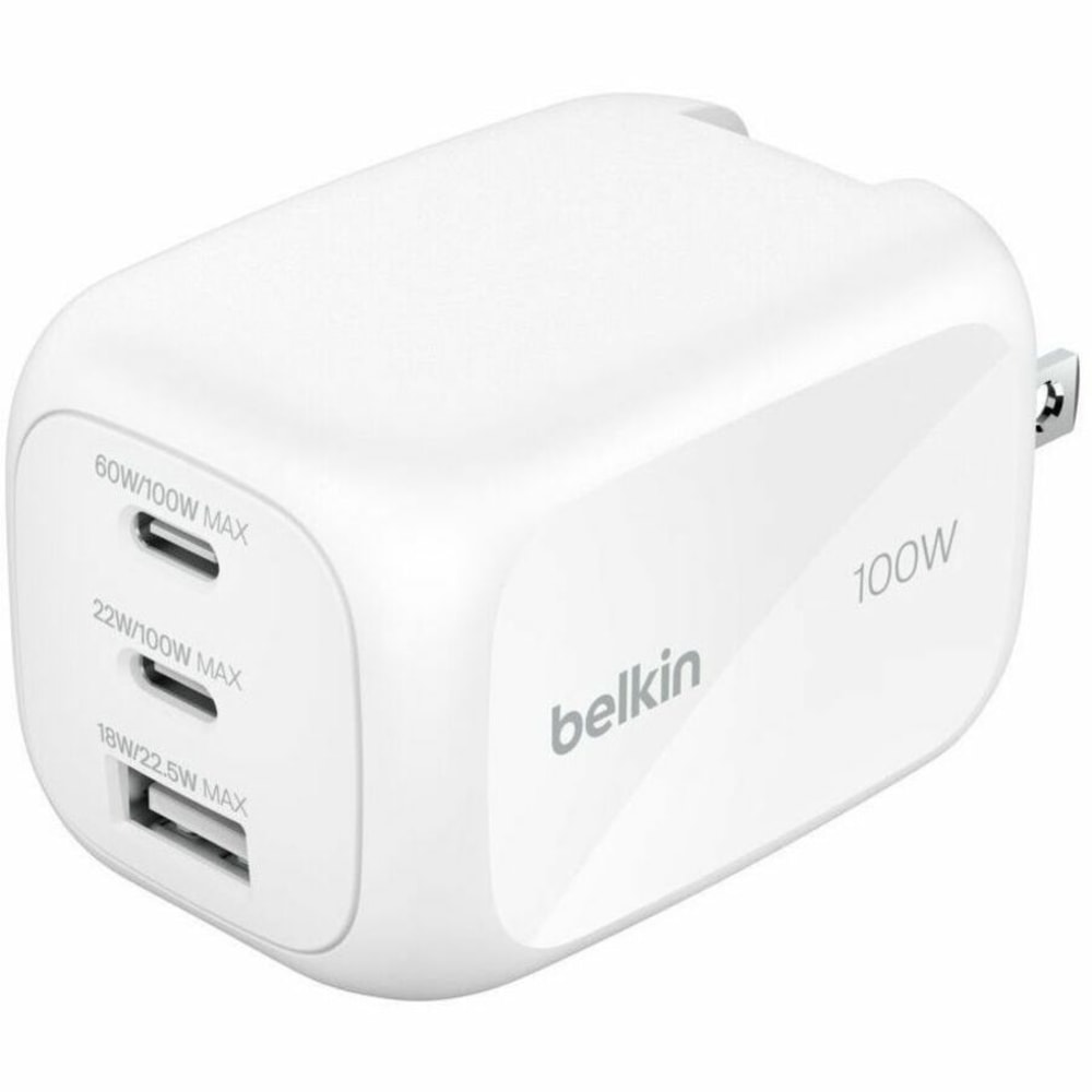 Belkin 100W GaN 3-Port USB Wall Charger - 1xUSB-A, 2xUSB-C - Foldable Prongs - Power Adapter - White - 100 W - White MPN:WCH016DQWH