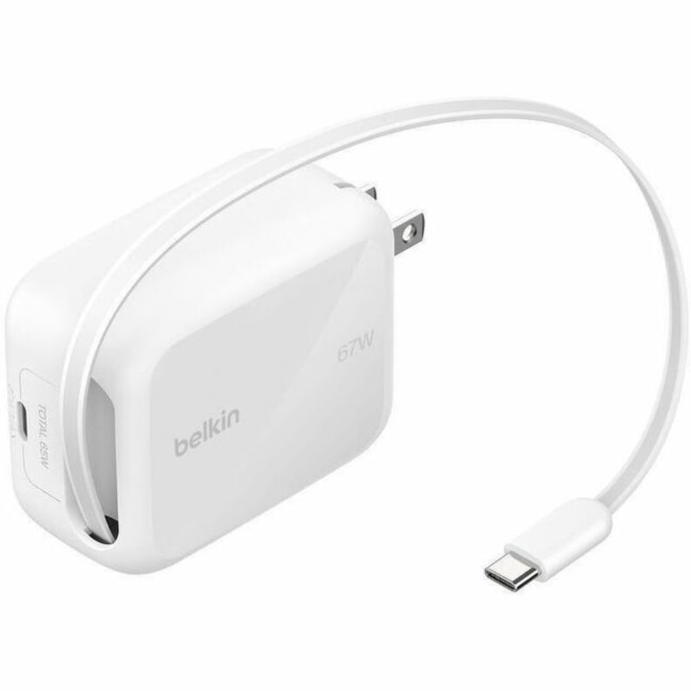 Belkin 67W GaN USB-C Wall Charger w/ 3.3 ft Retractable USB-C Cable - 1xUSB-C - Fast Charger - Power Adapter - White - 67 W - 3.30 ft Cable - White MPN:WCH022DQWH