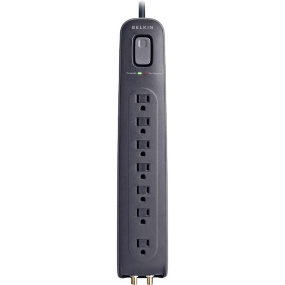 Belkin 7 Outlet Surge Protector with 4ft Power Cord - 2000 Joules - 7 - 2000 J - 75 kA - Coaxial Cable Line - 4 ft MPN:BV107030-04-BLK