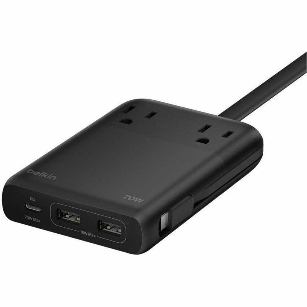 Belkin 2-Outlet Charging Station w/ 2x USB-A, 1x USB-C Ports + Tethered USB-C Cable 70W - 5ft Cord - Black - 70 W - 4.92 ft Cable MPN:SRZ002TT5