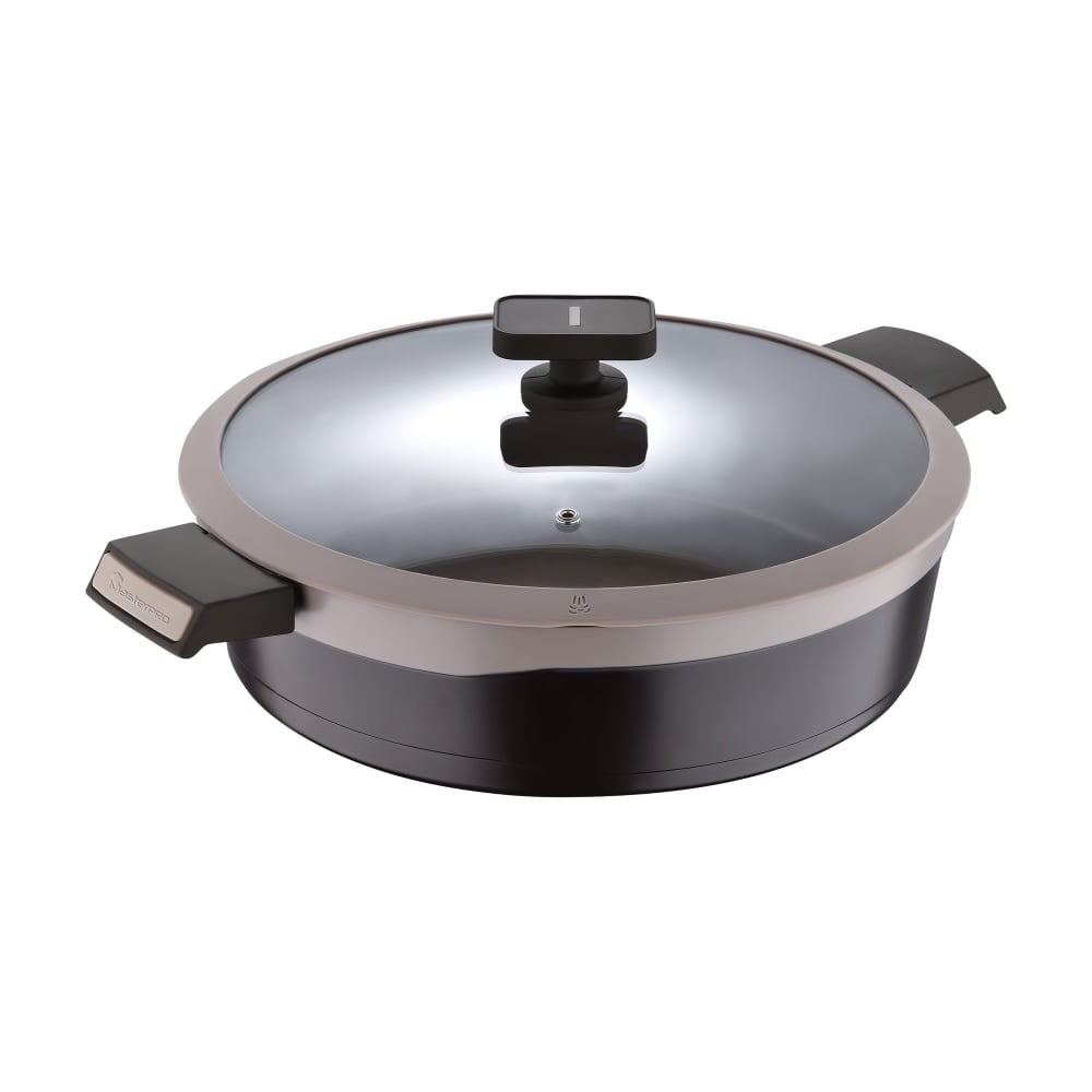 Masterpro Gastro Titanium Collection Durable Cast Aluminum Everyday Pan With Tempered Glass Lid, 5.2-Quart, Brown MPN:MPUS14029BRN
