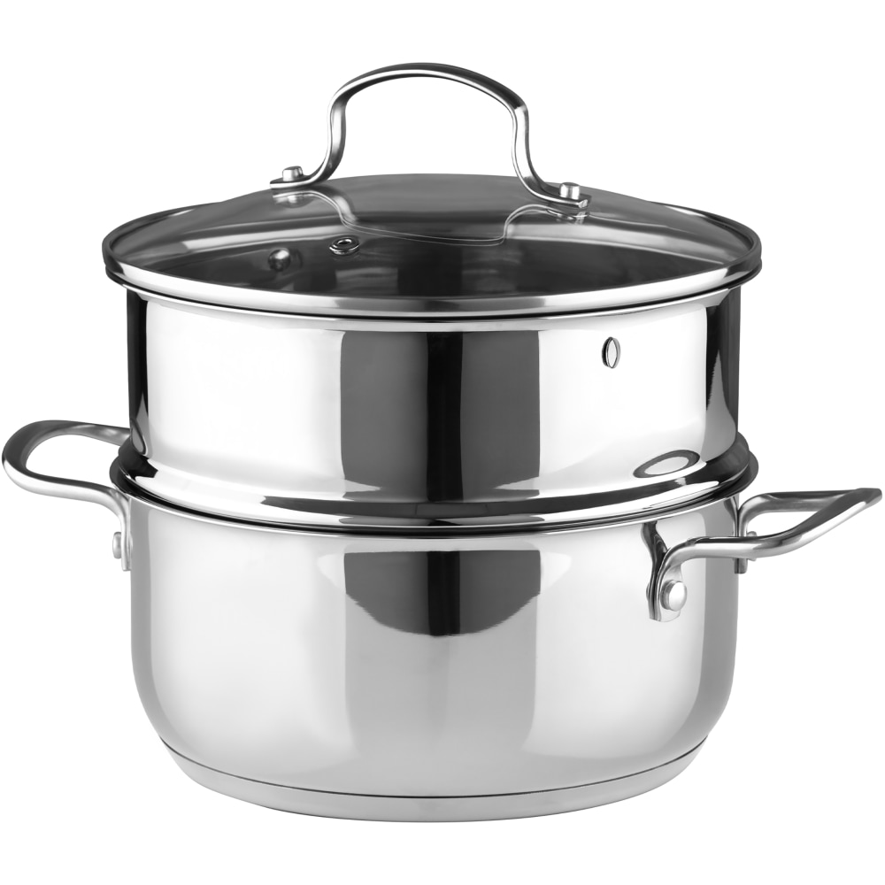 Bergner Essentials Stainless-Steel Soup Pot With Tempered-Glass Lid And Steamer Insert, 2.6 Qt, Stainless Steel MPN:BGUS10127STS