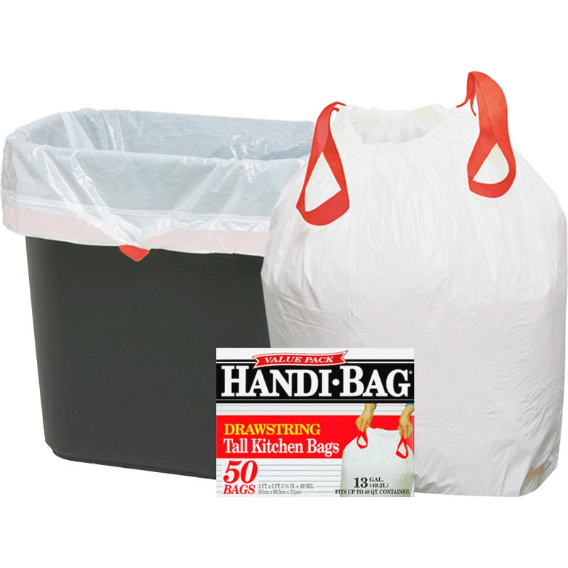 Berry Handi-Bag Drawstring Tall Kitchen Bags - Small Size - 13 gal Capacity - 24in Width x 27in Length - 0.69 mil (18 Micron) Thickness - Drawstring Closure - White - Resin - 6/Carton - 50 Per Box - Kitchen MPN:HAB6DK50NCT