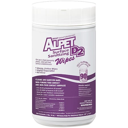 Alpet D2 Sanitizing Wipes, Canister, 10 in x 7 1/2 in, Unscented, 90 Wipes, PK6 MPN:SSW0001