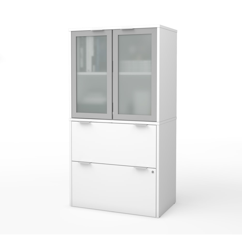 Bestar i3 Plus 30-1/8inW x 18-1/4inD 1-Drawer Lateral File Cabinet With Frosted Glass Door Hutch, White MPN:160870-17
