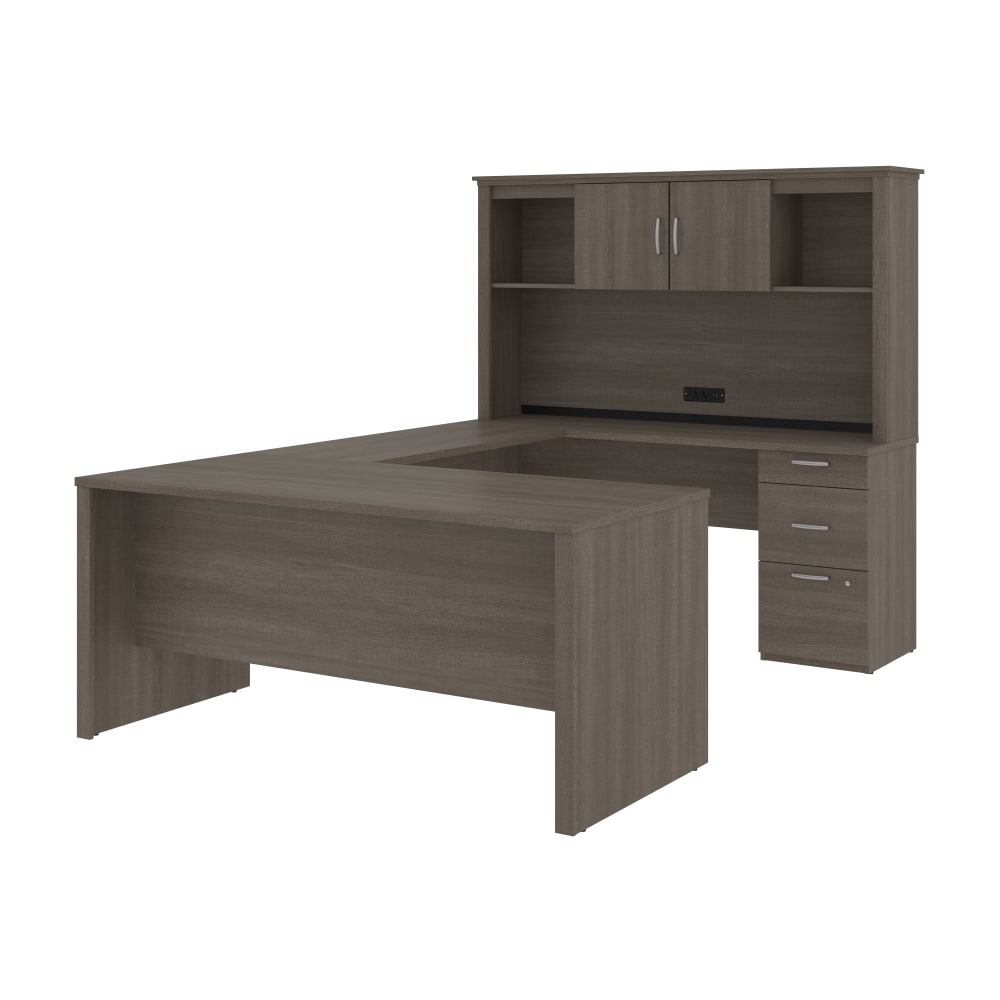 Bestar Logan 66inW U- Or L-Shaped Executive Corner Desk With Pedestal And Hutch, Bark Gray MPN:46410-47