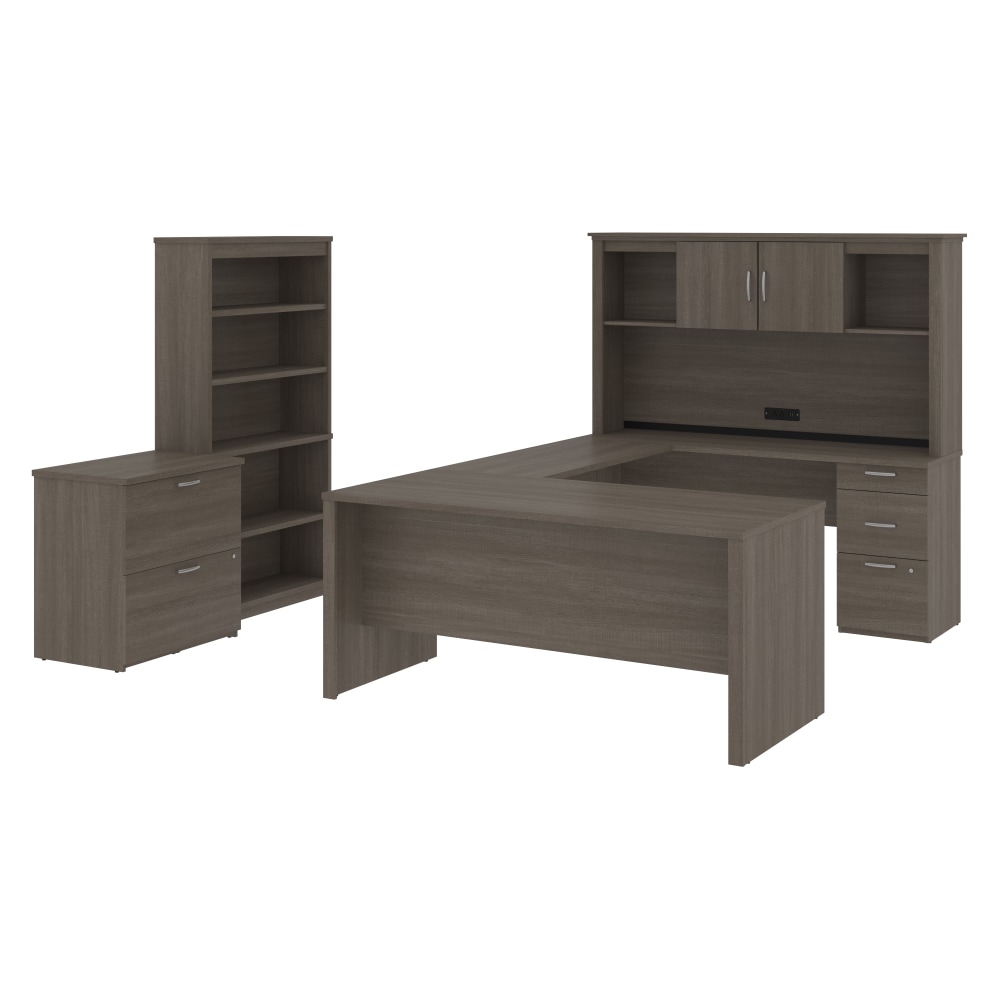 Bestar Logan U-Shaped Desk With Hutch, Lateral File Cabinet And Bookcase, Bark Gray MPN:46851-47