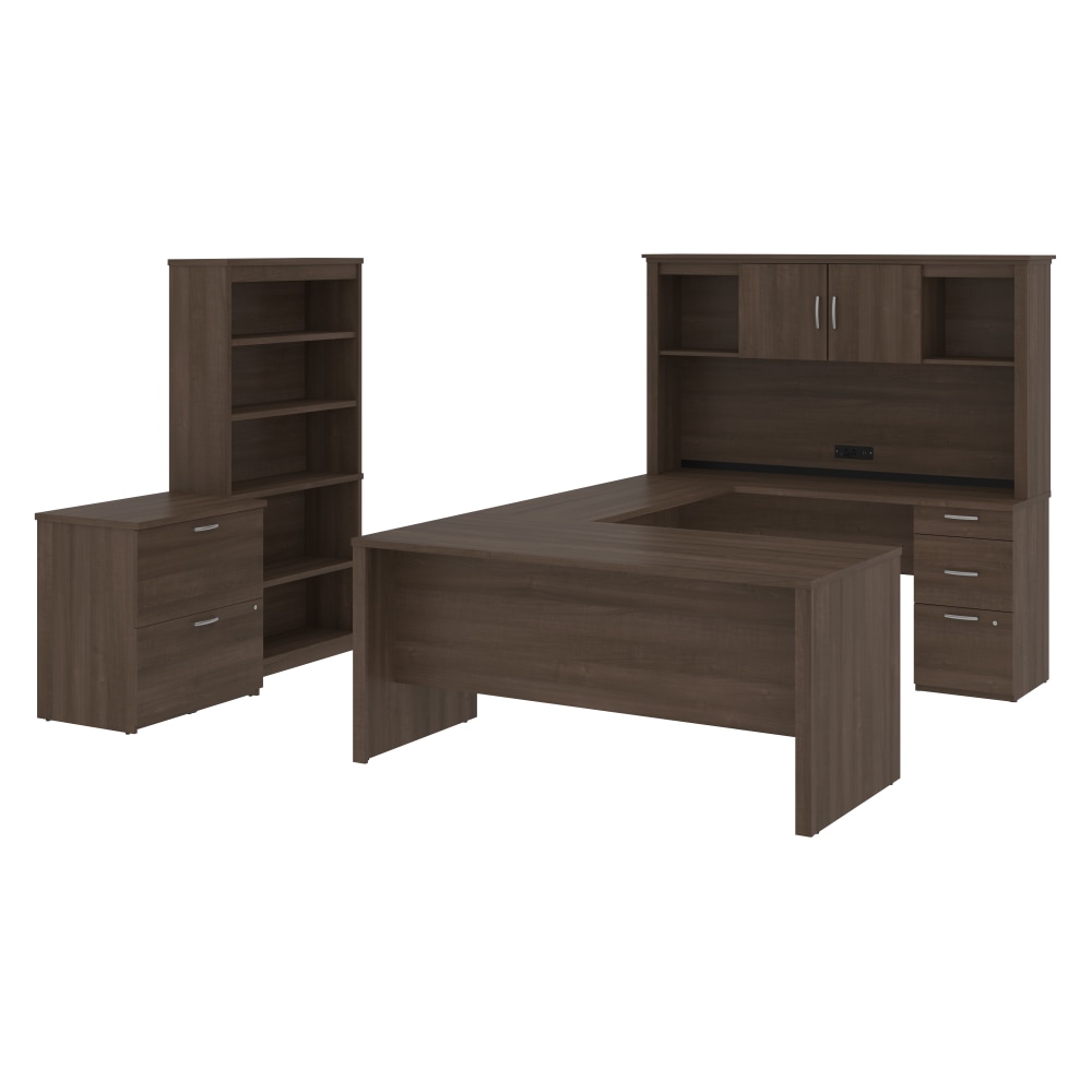 Bestar Logan U-Shaped Desk With Hutch, Lateral File Cabinet And Bookcase, Antigua MPN:46851-52