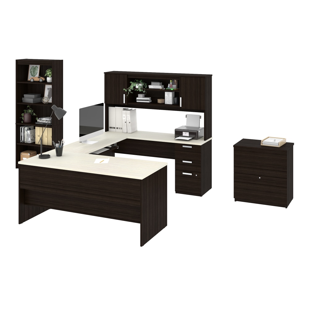 Bestar Ridgeley U-Shaped Desk With Hutch, Lateral File Cabinet And Bookcase, White Chocolate MPN:52850-31
