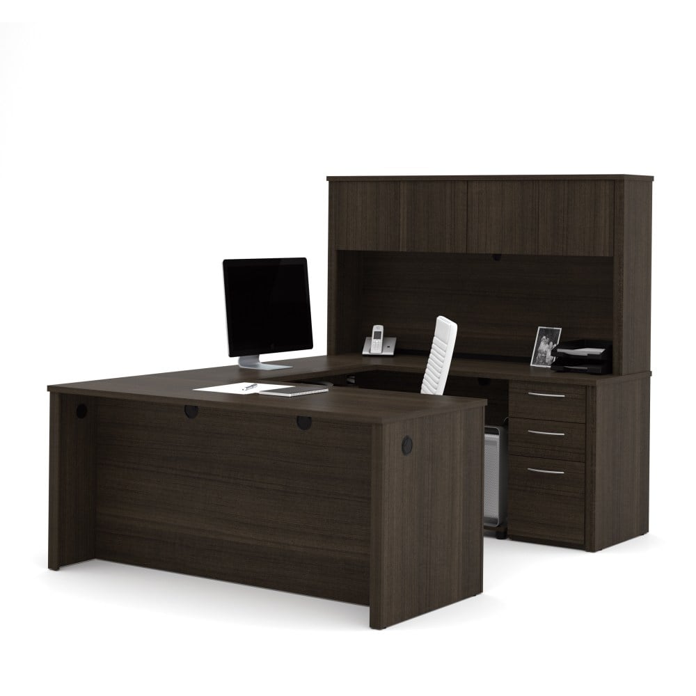 Bestar Embassy 66inW U-Shaped Executive Computer Desk With Pedestal And Hutch, Dark Chocolate MPN:60857-79