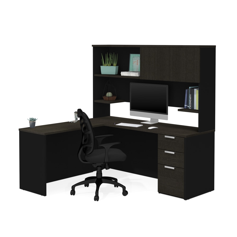Bestar Pro-Concept Plus 72inW L-Shaped Corner Desk With Pedestal And Hutch, Deep Gray/Black MPN:110886-32