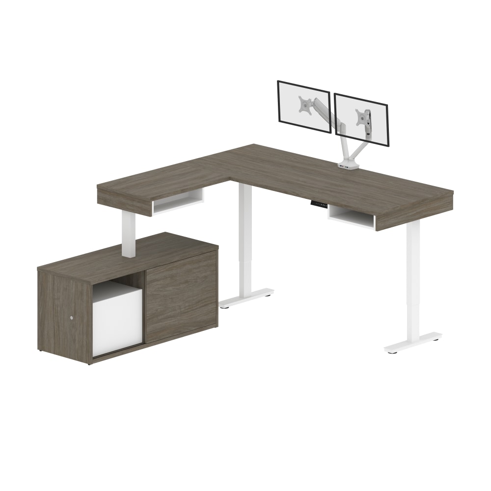 Bestar Pro-Vega 81inW L-Shaped Standing Corner Desk With Dual Monitor Arm And Credenza, Walnut Gray/White MPN:130851-000035