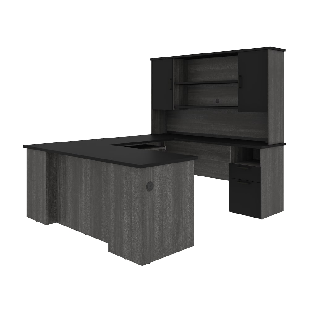 Bestar Norma 71inW U- Or L-Shaped Executive Corner Desk With Hutch, Black/Bark Gray MPN:181852-000018