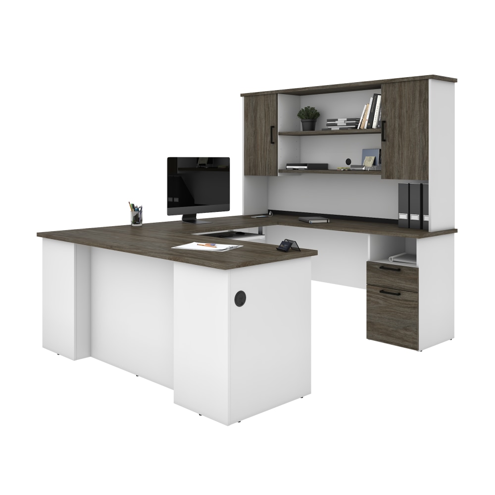 Bestar Norma 71inW U- Or L-Shaped Executive Corner Desk With Hutch, Walnut Gray/White MPN:181852-000035