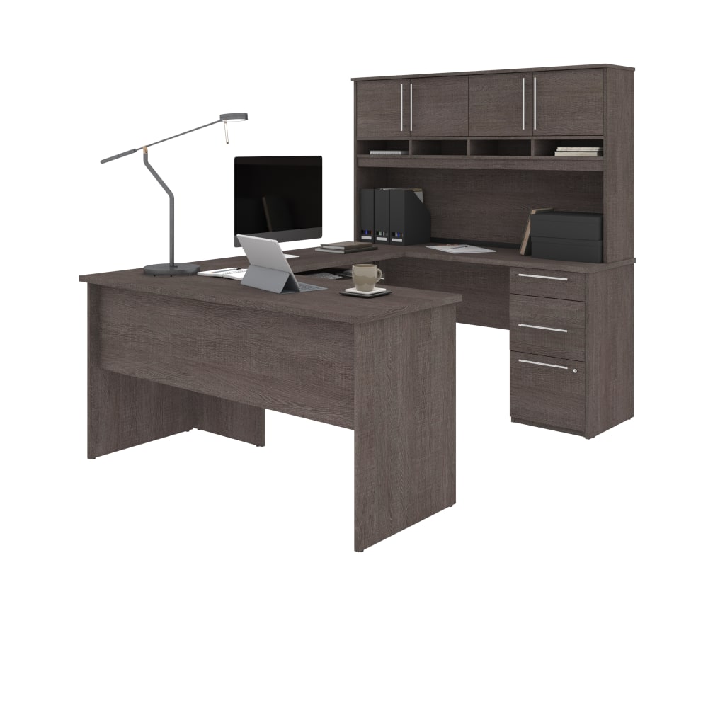 Bestar Innova 83inW U- Or L-Shaped Corner Desk With Hutch, Bark Gray MPN:92854-000047