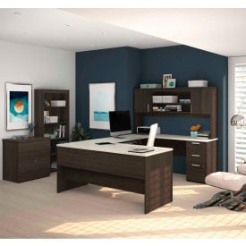 Bestar® U-Shaped Desk with Lateral File and Bookcase - Dark/White Chocolate - Ridgeley Series 52850-31