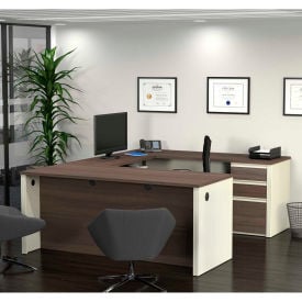 Bestar® U-Shaped Workstation with Pedestal - White Choc/Antigua - Prestige + Series 99871-52