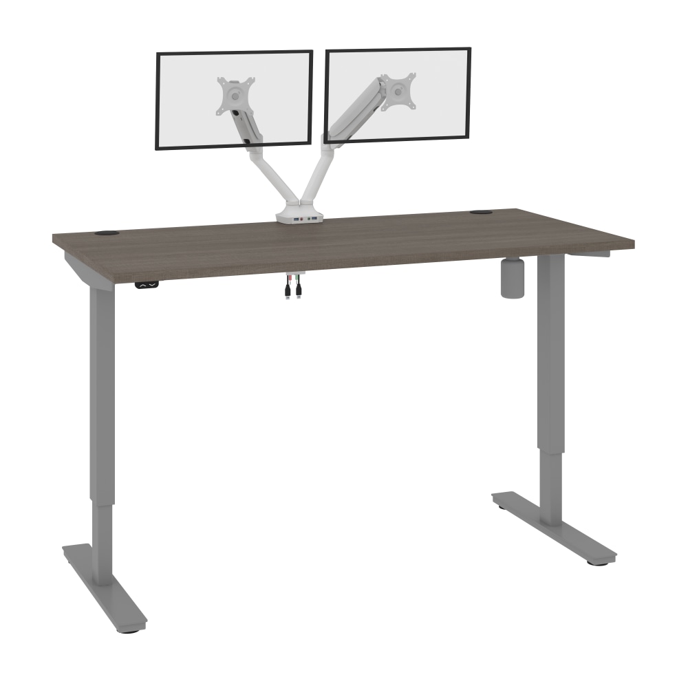 Bestar Upstand Electric 60inW Standing Desk With Dual Monitor Arm, Bark Gray MPN:175870-000047