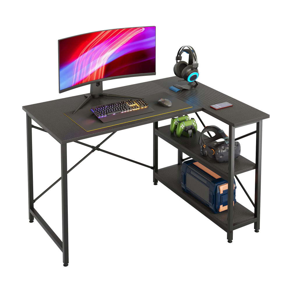 Bestier L-Shaped Corner Desk With Storage Shelf, 48inW, Black Carbon Fiber MPN:BEST-1298-D31GAM