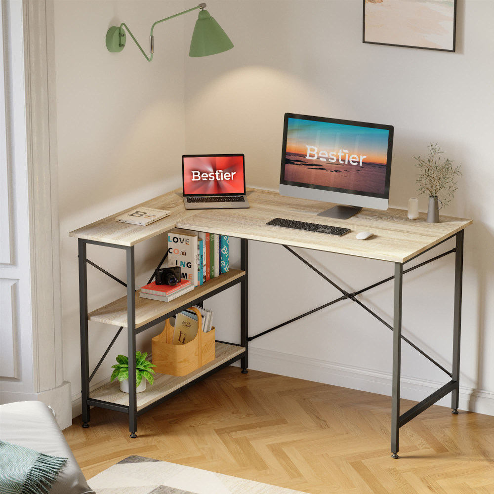 Bestier L-Shaped Corner Desk With Storage Shelf, 48inW, Light Oak MPN:BEST-1298-D31OAK