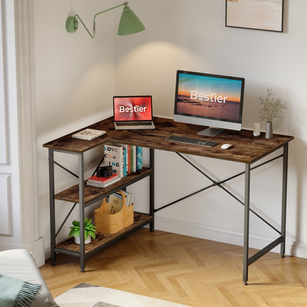 Bestier L-Shaped Corner Desk With Storage Shelf, 48inW, Rustic Brown MPN:BEST-1298-D31RST
