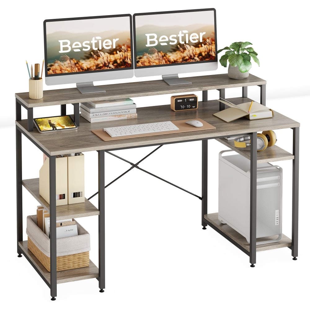 Bestier 56inW Student Desk With Monitor Stand & Storage Shelf, Gray Wash MPN:D074G-GRYW